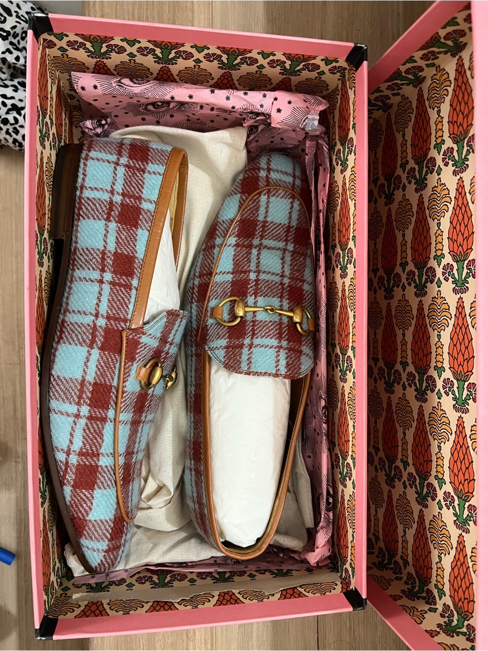 Mens Special Edition Gucci Blue & Red Plaid Horsebit Loafers